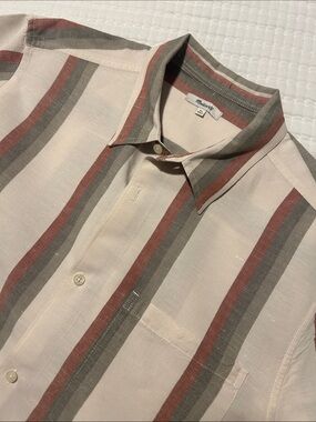 Madewell Cream Short-Sleeve Button-Up with Rust and Olive Stripes